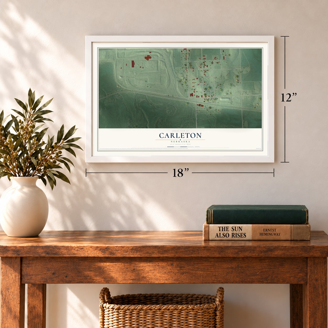 Carleton, Nebraska map, 12 x 18 inch print in a white frame in an entryway