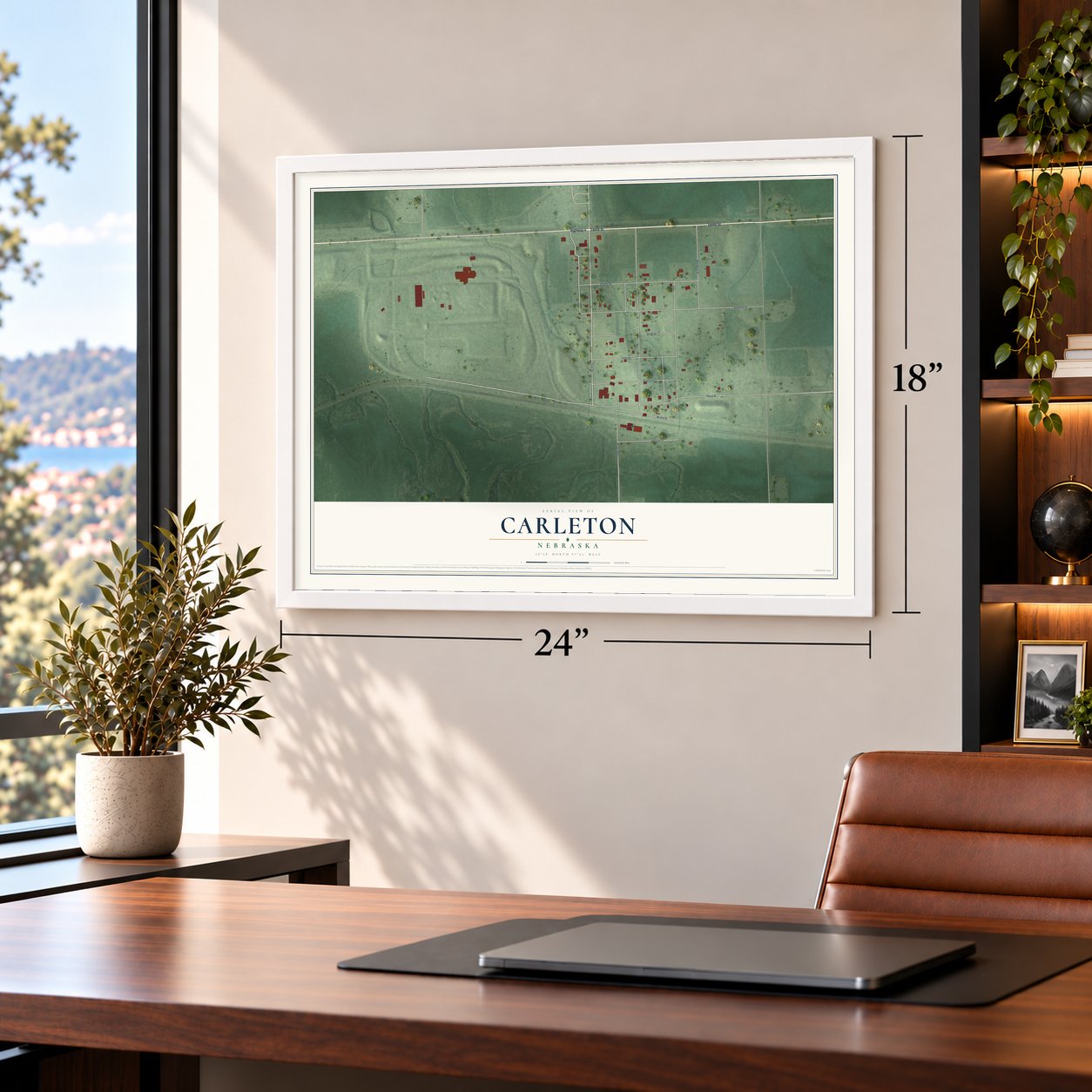Carleton, Nebraska map, 18 x 24 inch print in a white frame in a home office