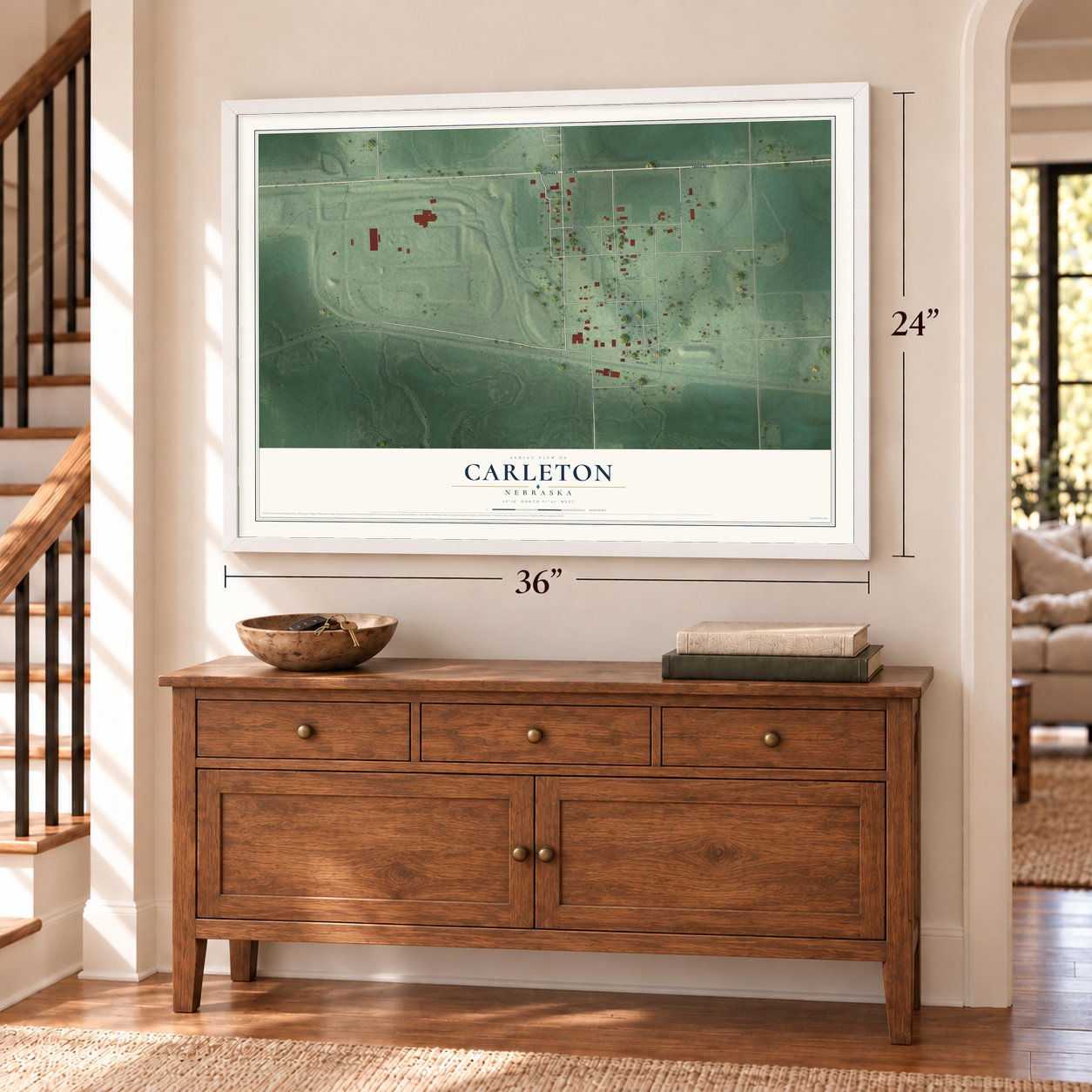 Carleton, Nebraska map, 24 x 36 inch print in a white frame above a dresser by a staircase