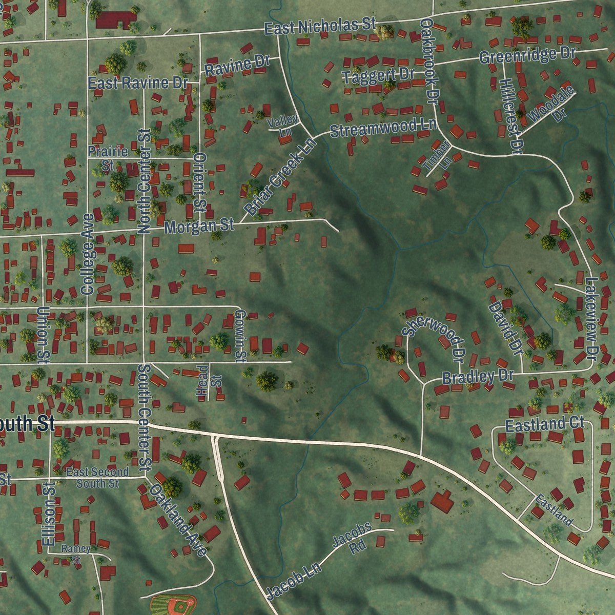 Second close-up of the map of Carlinville, Illinois print showing more streets and buildings