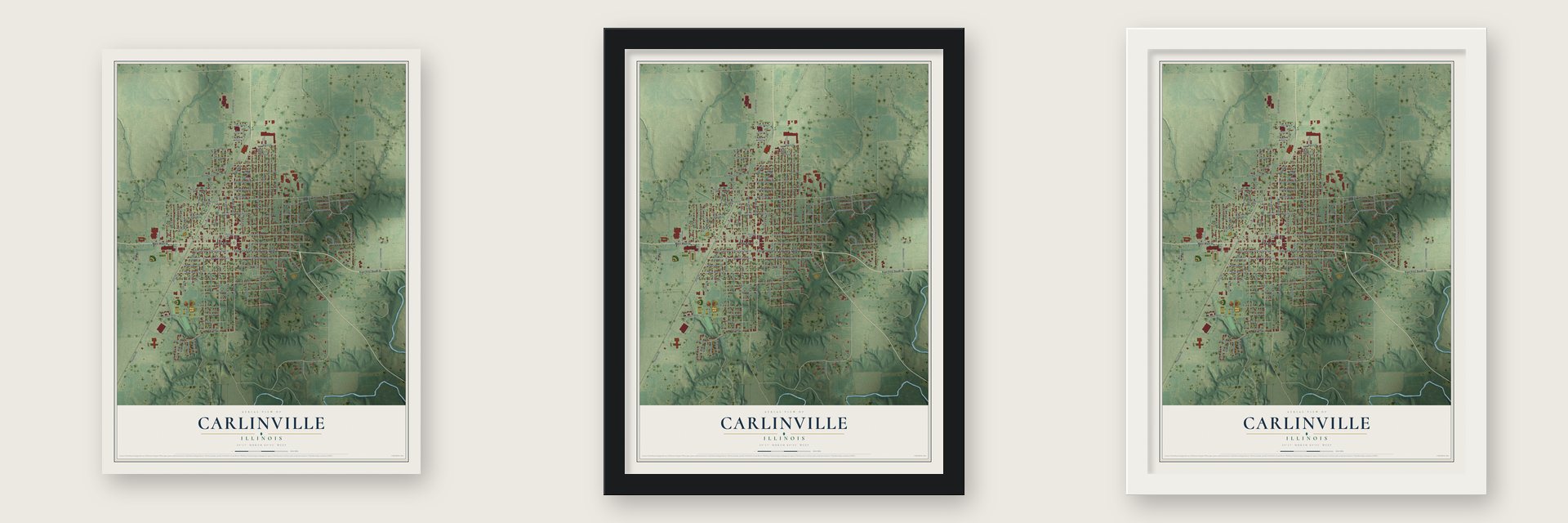 Carlinville, Illinois map unframed, in a black wood frame and in a white wood frame