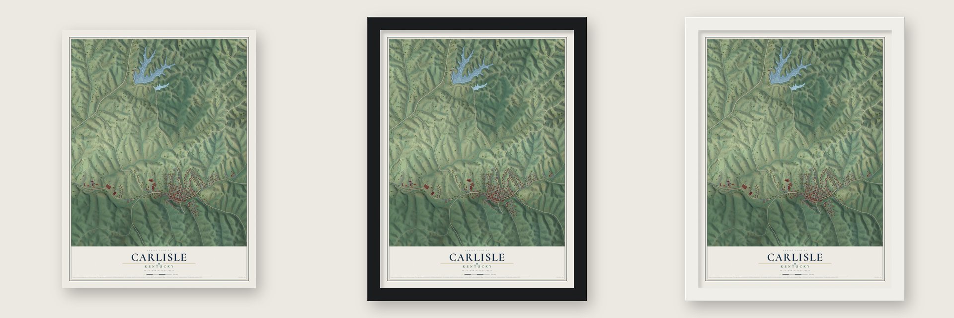 Carlisle, Kentucky map unframed, in a black wood frame and in a white wood frame