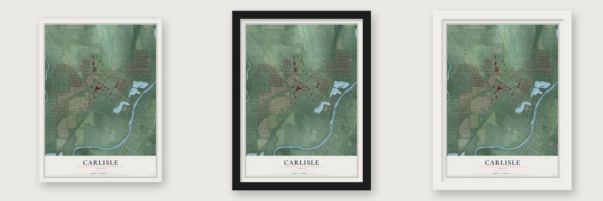 Carlisle, Ohio map unframed, in a black wood frame and in a white wood frame