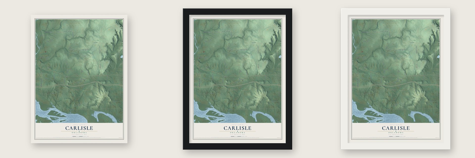 Carlisle, Oklahoma map unframed, in a black wood frame and in a white wood frame