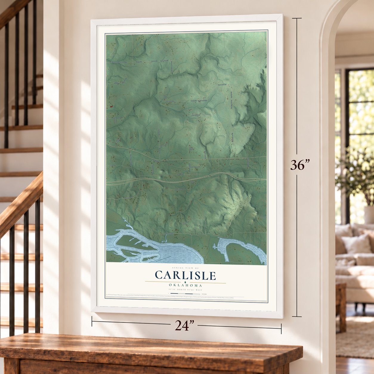 Carlisle, Oklahoma map, 24 x 36 inch print in a white frame by a staircase