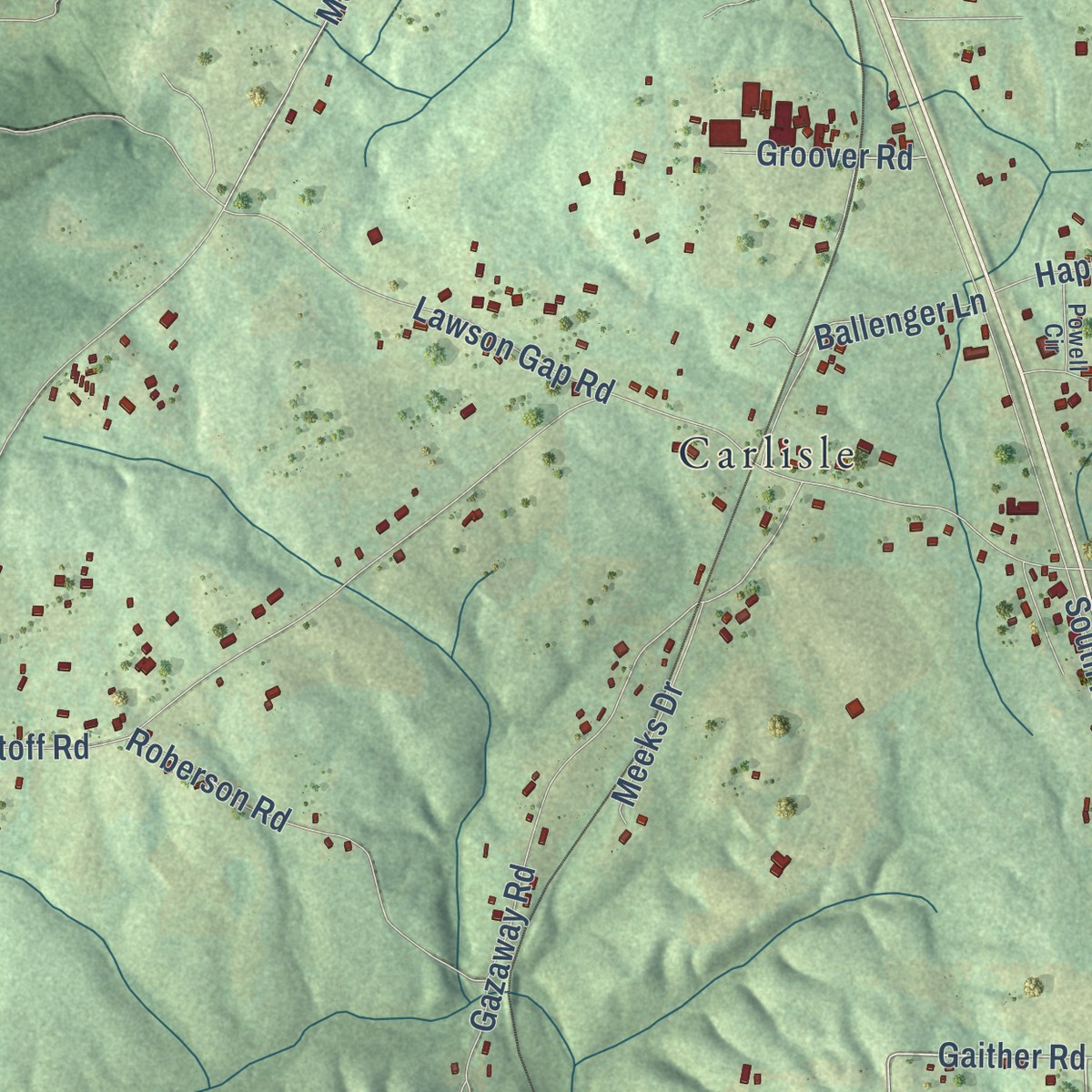 Second close-up of the map of Carlisle-Rockledge, Alabama print showing more streets and buildings