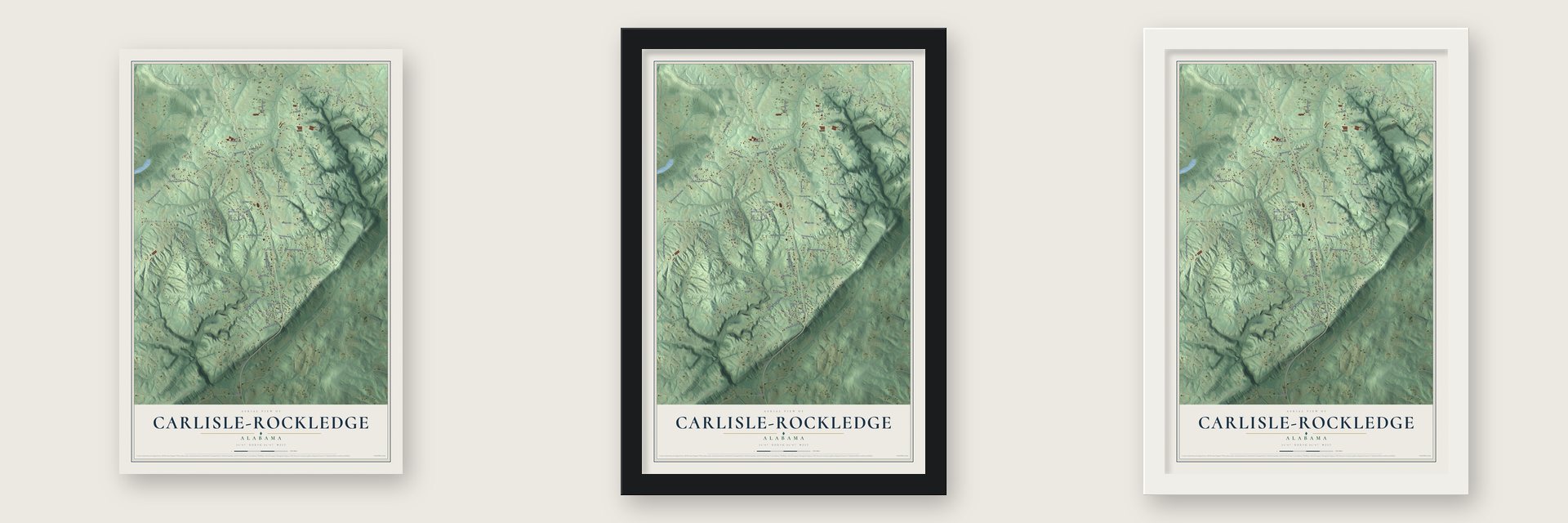 Carlisle-Rockledge, Alabama map unframed, in a black wood frame and in a white wood frame