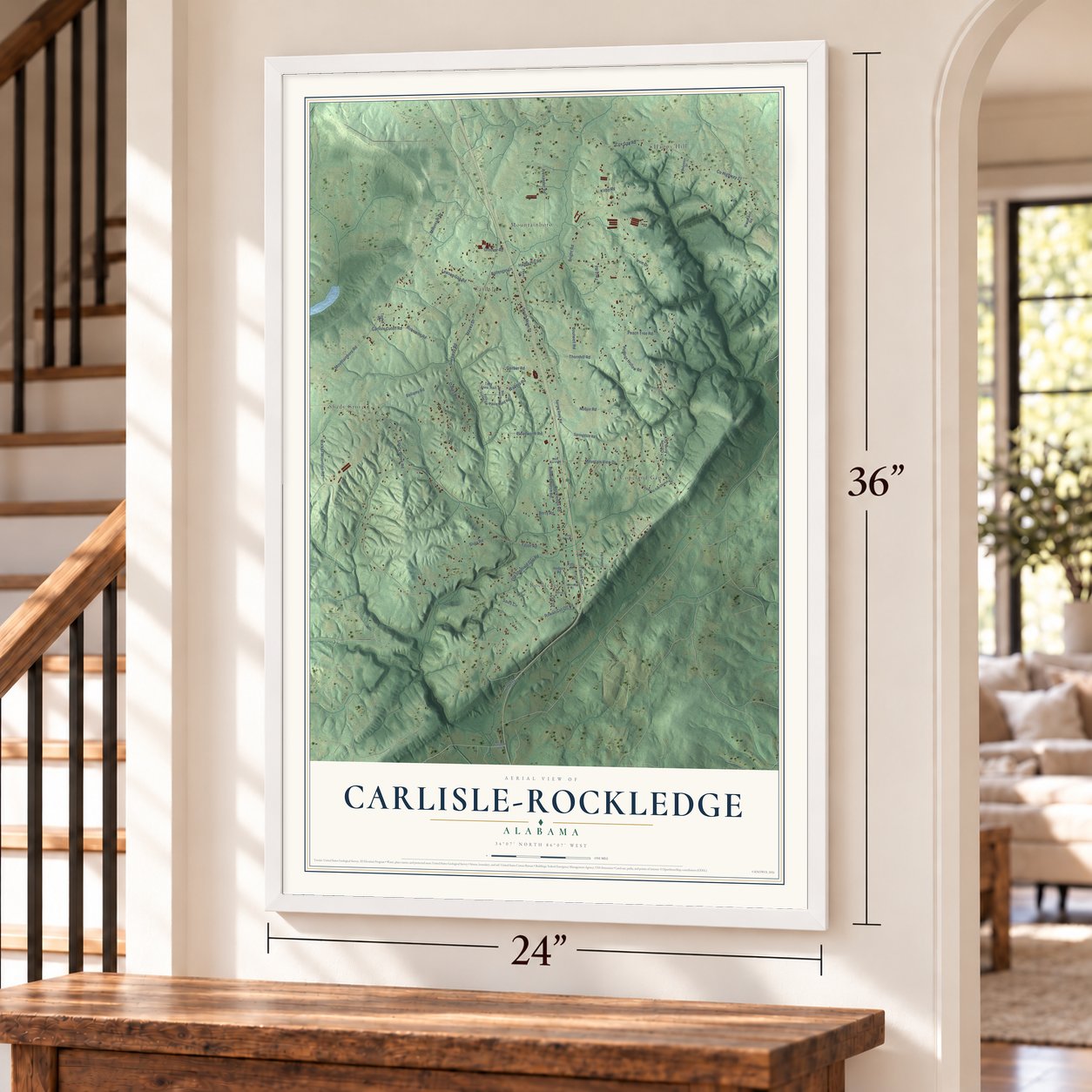 Carlisle-Rockledge, Alabama map, 24 x 36 inch print in a white frame by a staircase