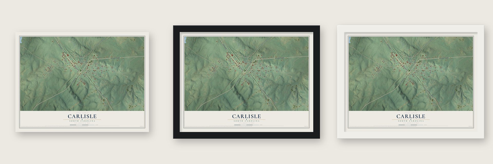 Carlisle, South Carolina map unframed, in a black wood frame and in a white wood frame