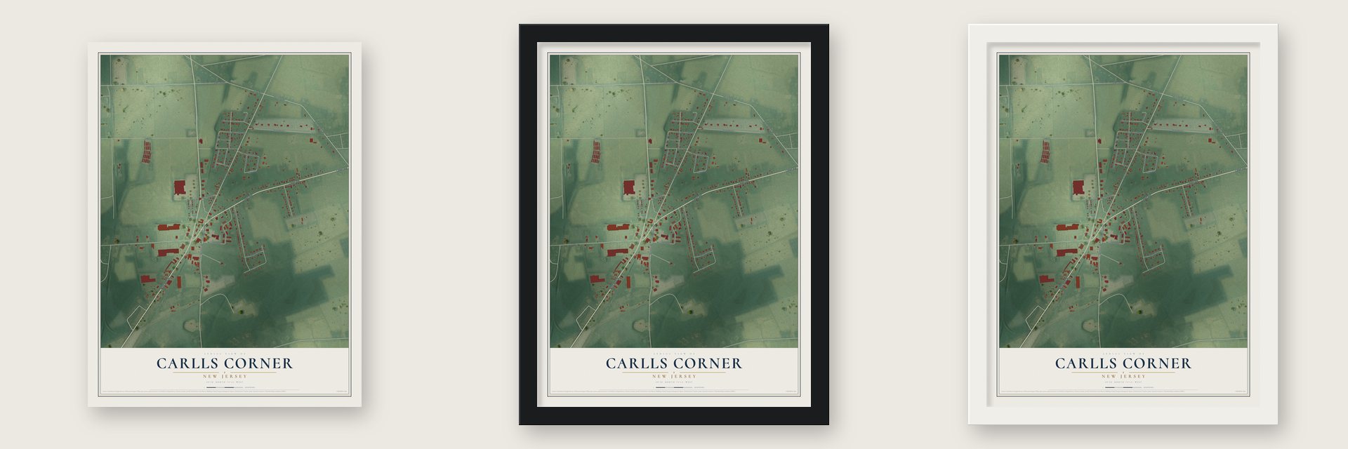 Carlls Corner, New Jersey map unframed, in a black wood frame and in a white wood frame