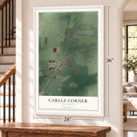 Carlls Corner, New Jersey map, 24 x 36 inch print in a white frame by a staircase