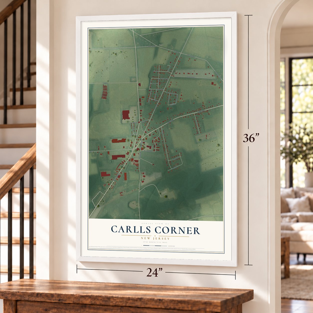 Carlls Corner, New Jersey map, 24 x 36 inch print in a white frame by a staircase