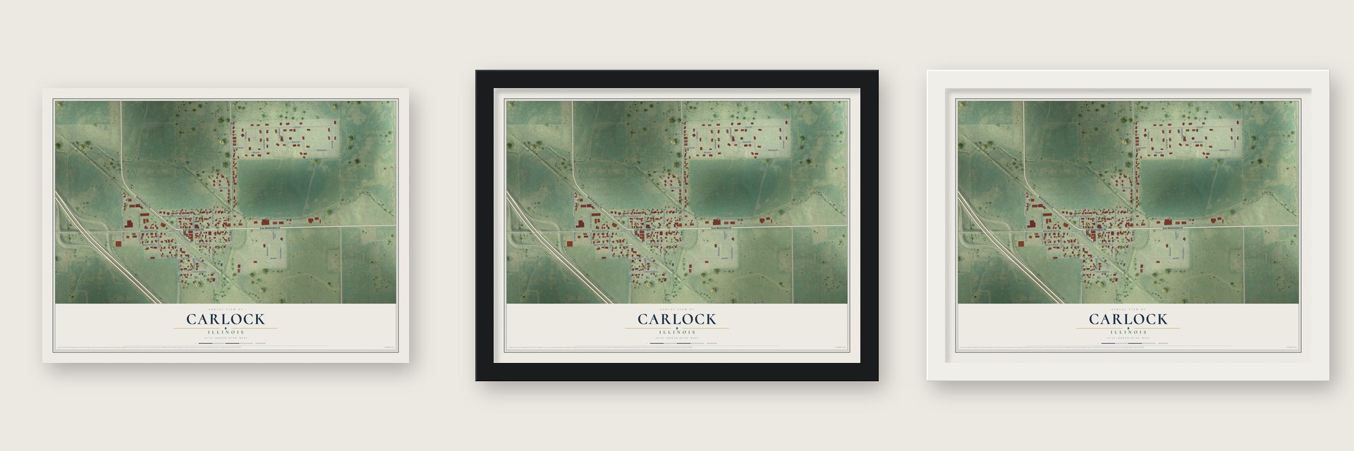 Carlock, Illinois map unframed, in a black wood frame and in a white wood frame