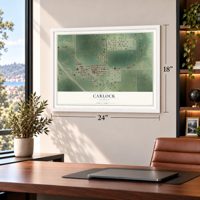 Carlock, Illinois map, 18 x 24 inch print in a white frame in a home office