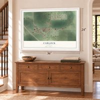 Carlock, Illinois map, 24 x 36 inch print in a white frame above a dresser by a staircase