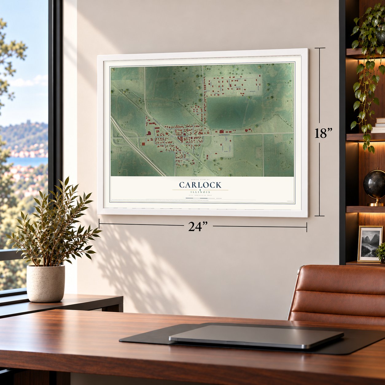 Carlock, Illinois map, 18 x 24 inch print in a white frame in a home office