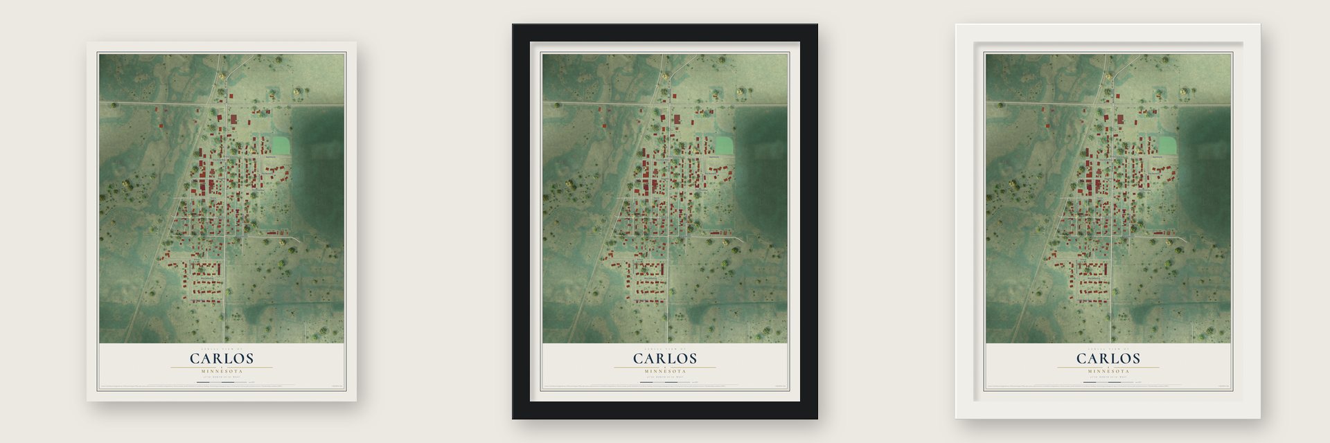 Carlos, Minnesota map unframed, in a black wood frame and in a white wood frame