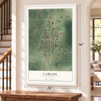 Carlos, Minnesota map, 24 x 36 inch print in a white frame by a staircase