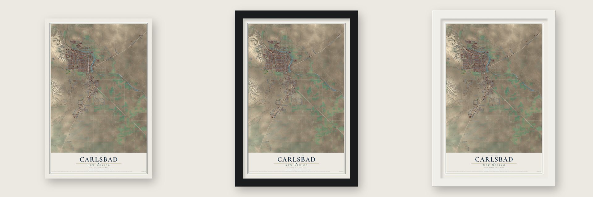 Carlsbad, New Mexico map unframed, in a black wood frame and in a white wood frame