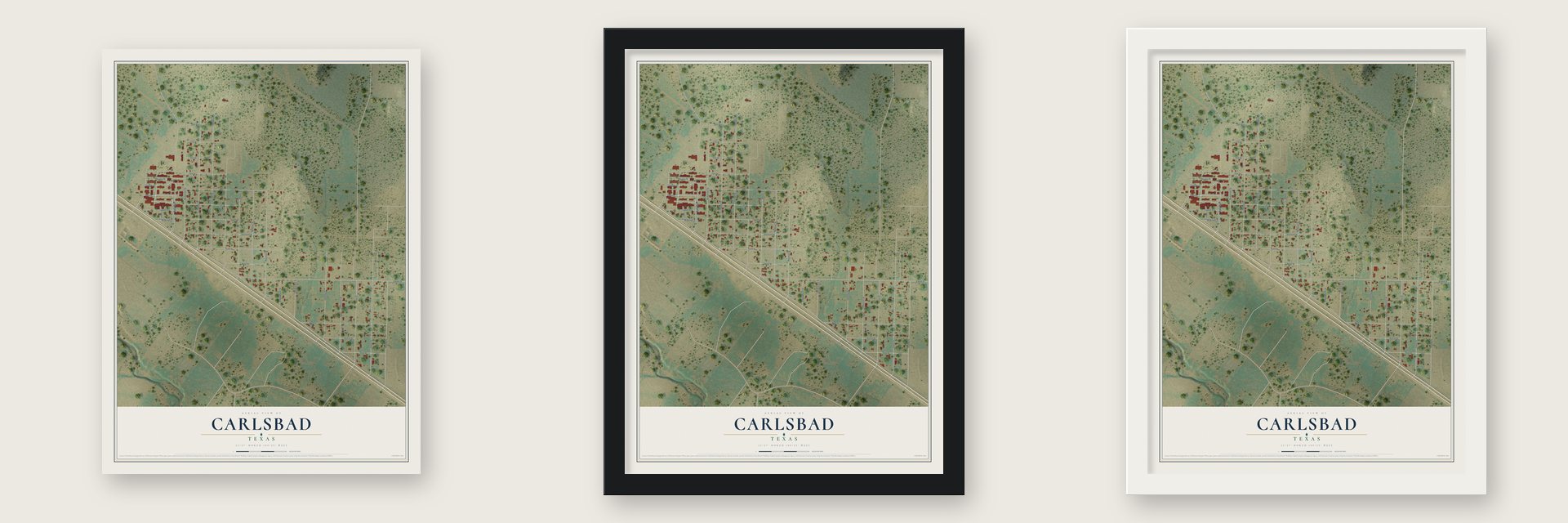 Carlsbad, Texas map unframed, in a black wood frame and in a white wood frame