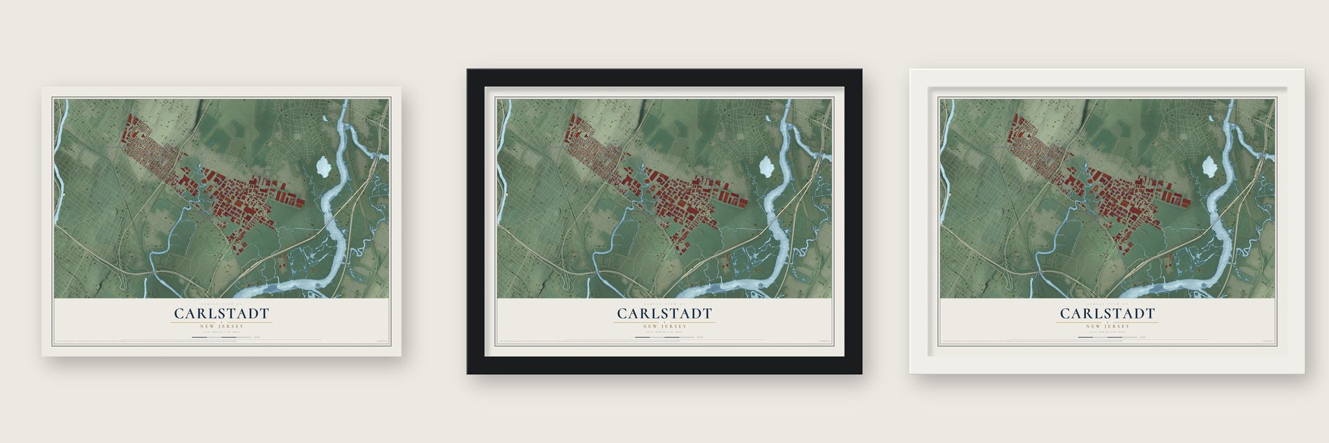 Carlstadt, New Jersey map unframed, in a black wood frame and in a white wood frame