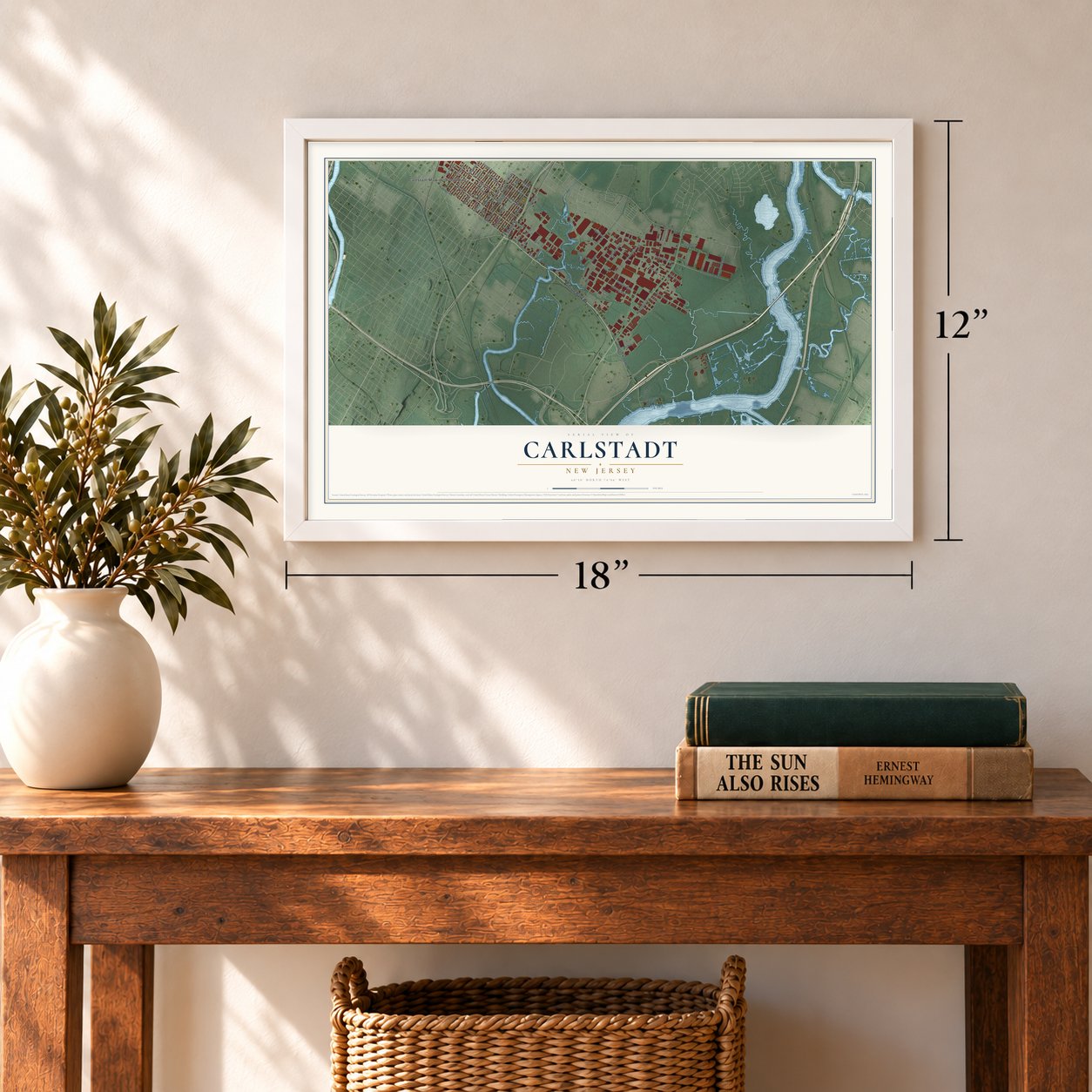 Carlstadt, New Jersey map, 12 x 18 inch print in a white frame in an entryway
