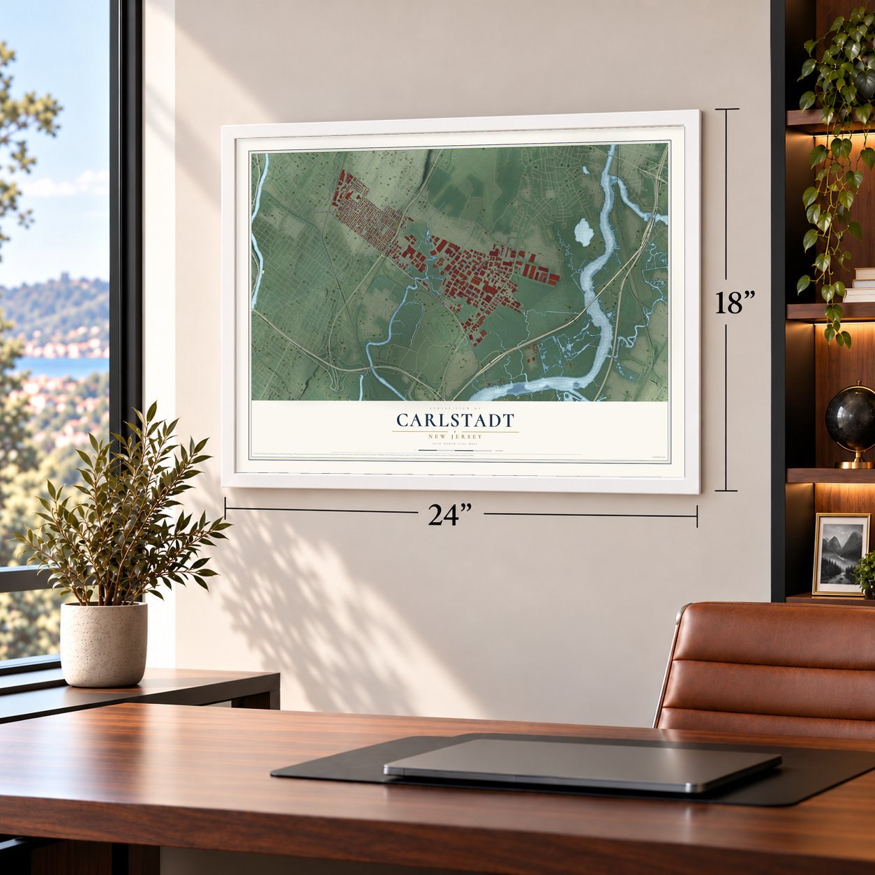 Carlstadt, New Jersey map, 18 x 24 inch print in a white frame in a home office