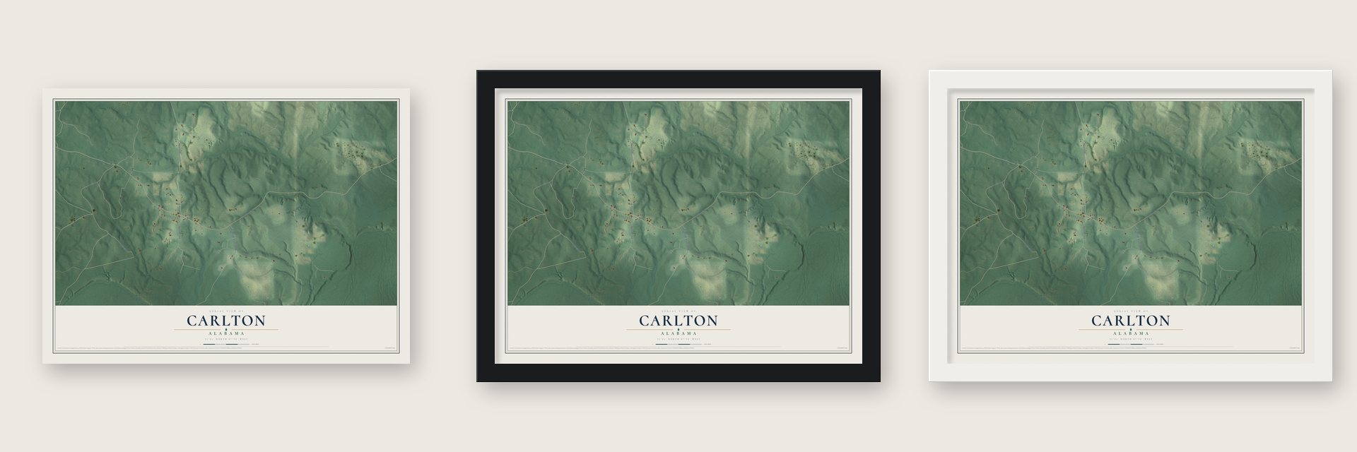 Carlton, Alabama map unframed, in a black wood frame and in a white wood frame
