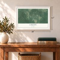 Carlton, Alabama map, 12 x 18 inch print in a white frame in an entryway