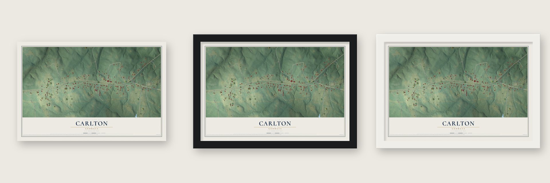 Carlton, Georgia map unframed, in a black wood frame and in a white wood frame