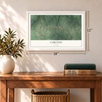 Carlton, Georgia map, 12 x 18 inch print in a white frame in an entryway
