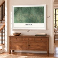 Carlton, Georgia map, 24 x 36 inch print in a white frame above a dresser by a staircase