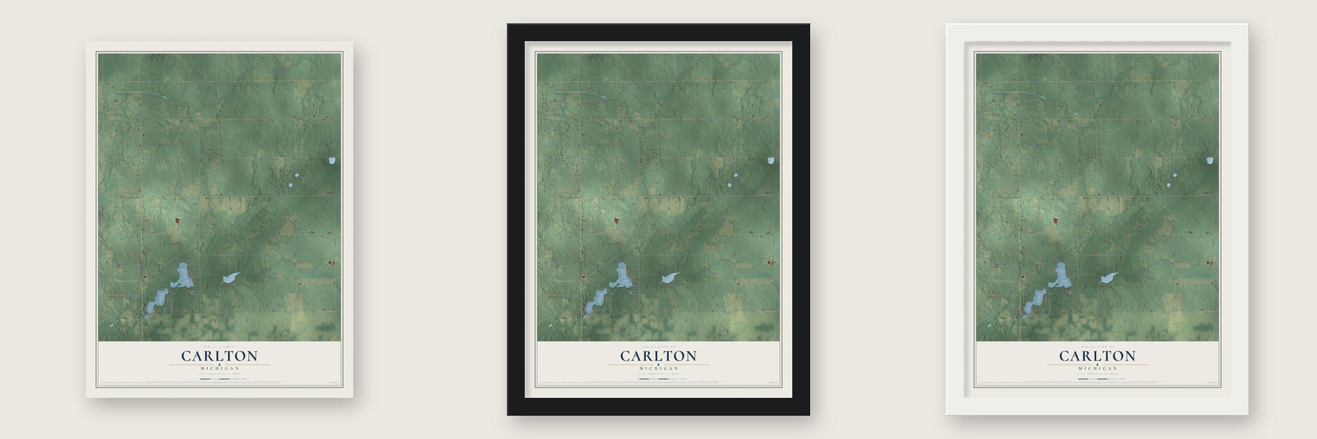 Carlton, Michigan map unframed, in a black wood frame and in a white wood frame