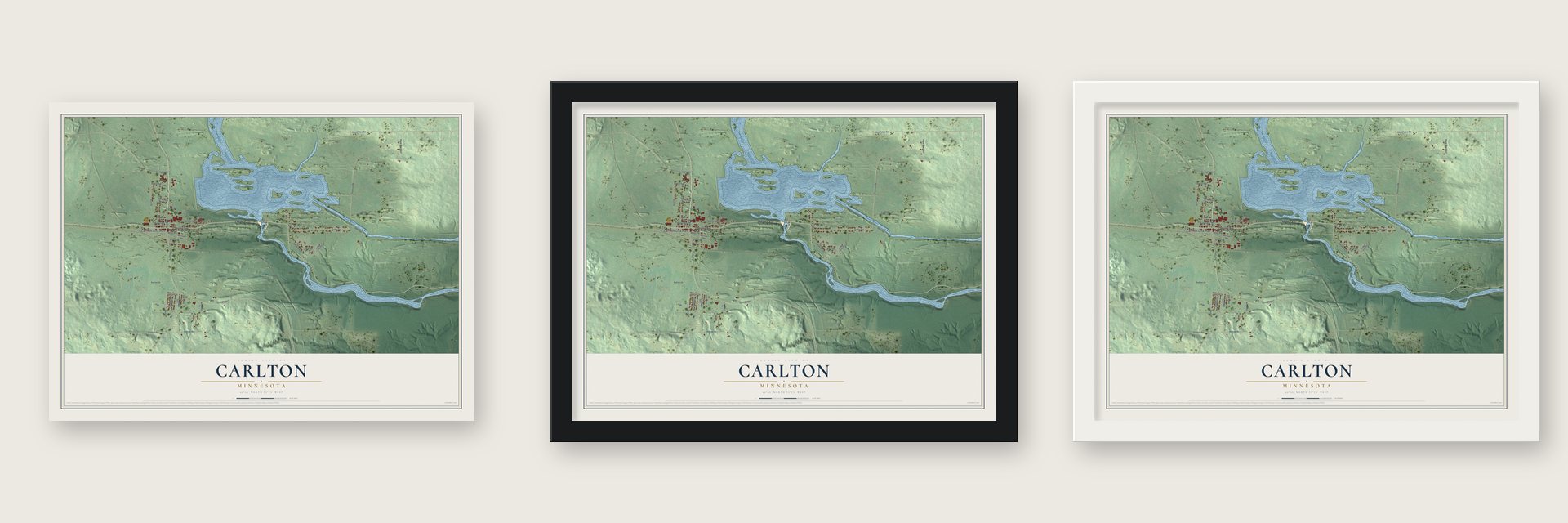 Carlton, Minnesota map unframed, in a black wood frame and in a white wood frame