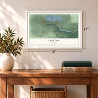 Carlton, Minnesota map, 12 x 18 inch print in a white frame in an entryway