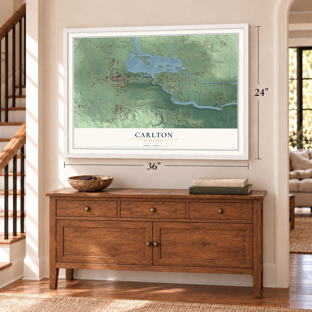 Carlton, Minnesota map, 24 x 36 inch print in a white frame above a dresser by a staircase
