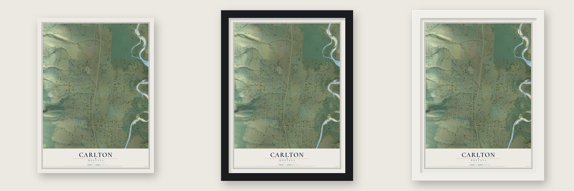 Carlton, Montana map unframed, in a black wood frame and in a white wood frame