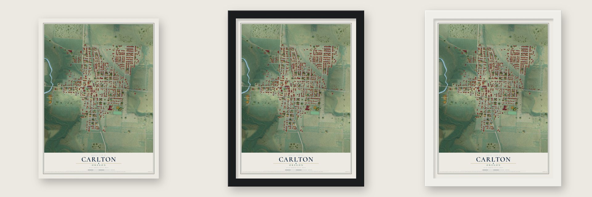 Carlton, Oregon map unframed, in a black wood frame and in a white wood frame