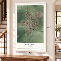 Carlton, Oregon map, 24 x 36 inch print in a white frame by a staircase