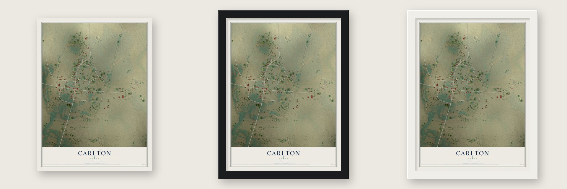 Carlton, Texas map unframed, in a black wood frame and in a white wood frame