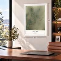 Carlton, Texas map, 18 x 24 inch print in a white frame in a home office