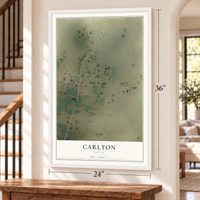 Carlton, Texas map, 24 x 36 inch print in a white frame by a staircase