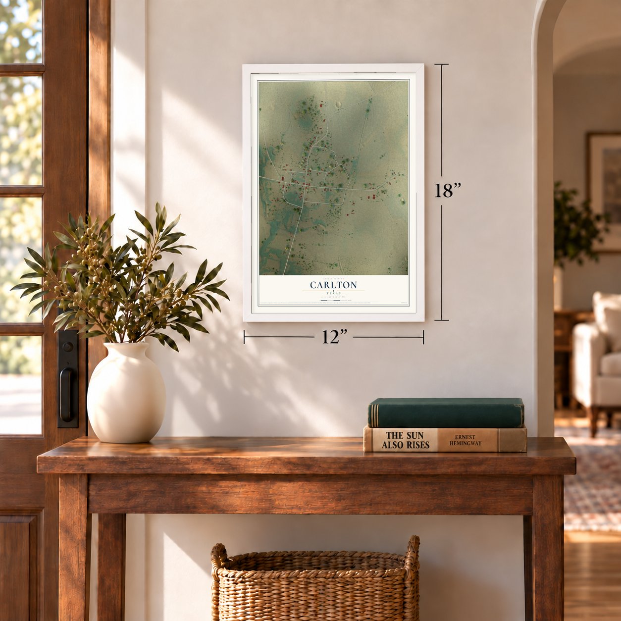Carlton, Texas map, 12 x 18 inch print in a white frame in an entryway