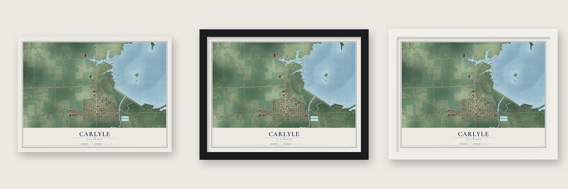 Carlyle, Illinois map unframed, in a black wood frame and in a white wood frame