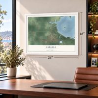 Carlyle, Illinois map, 18 x 24 inch print in a white frame in a home office