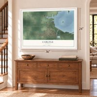 Carlyle, Illinois map, 24 x 36 inch print in a white frame above a dresser by a staircase