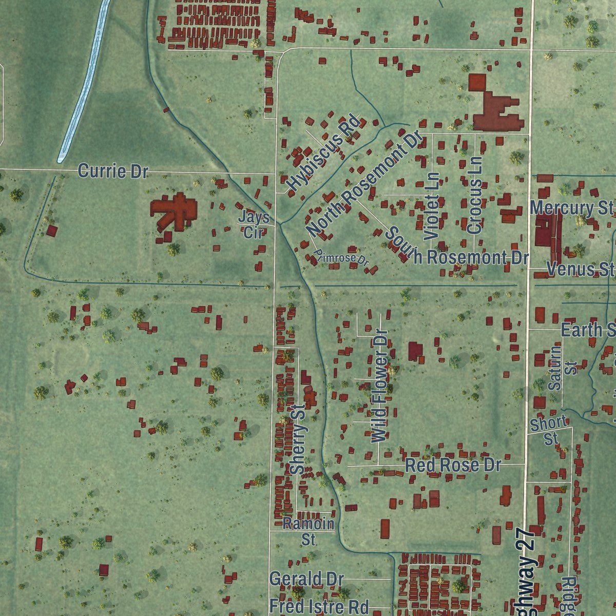 Second close-up of the map of Carlyss, Louisiana print showing more streets and buildings