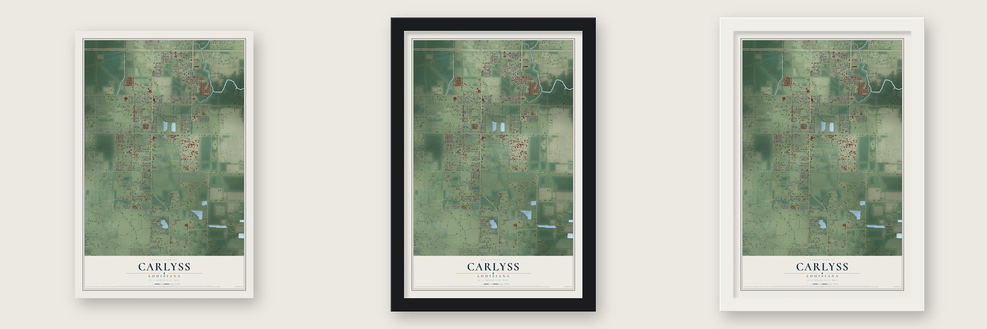 Carlyss, Louisiana map unframed, in a black wood frame and in a white wood frame