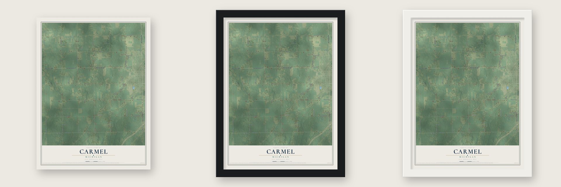 Carmel, Michigan map unframed, in a black wood frame and in a white wood frame