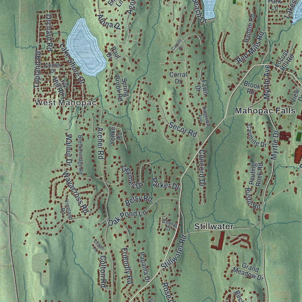 Second close-up of the map of Carmel, New York print showing more streets and buildings